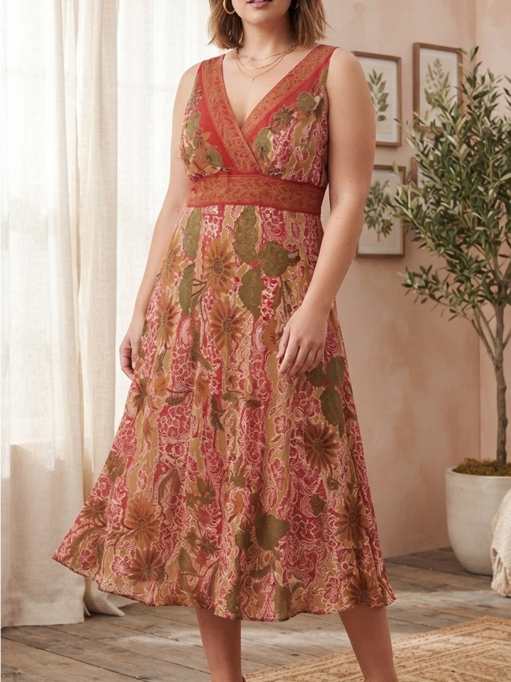 Bandolino Rust and Olive Floral V-Neck Midi Dress